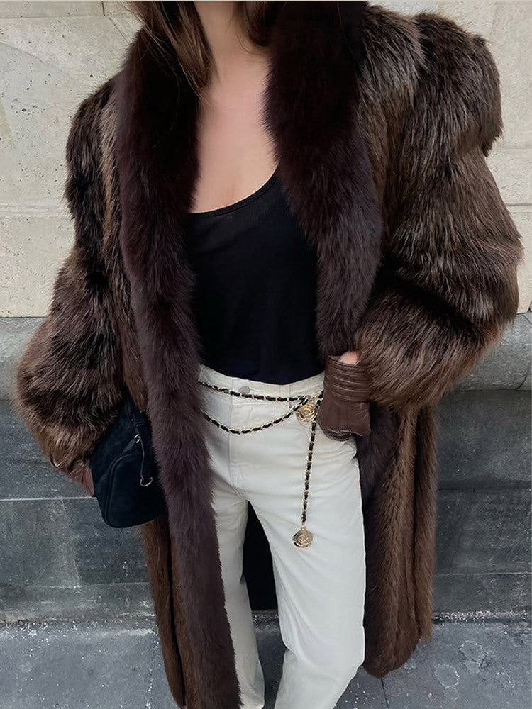 Women Luxurious Long Fur Coat with Wide Collar and Voluminous Sleeves Mune Fashion