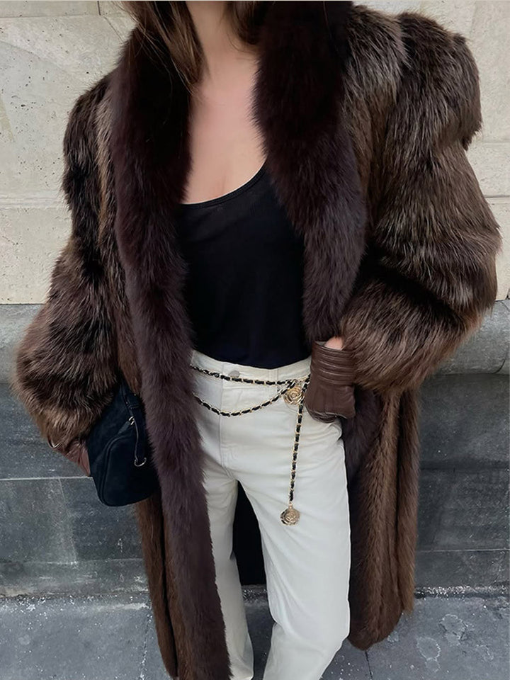 Women Luxurious Long Fur Coat with Wide Collar and Voluminous Sleeves Mune Fashion