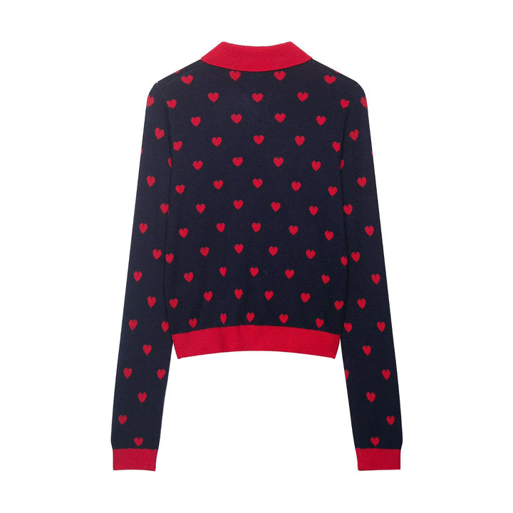 Women's Short Cardigan-Style Knitted Jacket with Heart Jacquard and Lapel Collar Mune Fashion