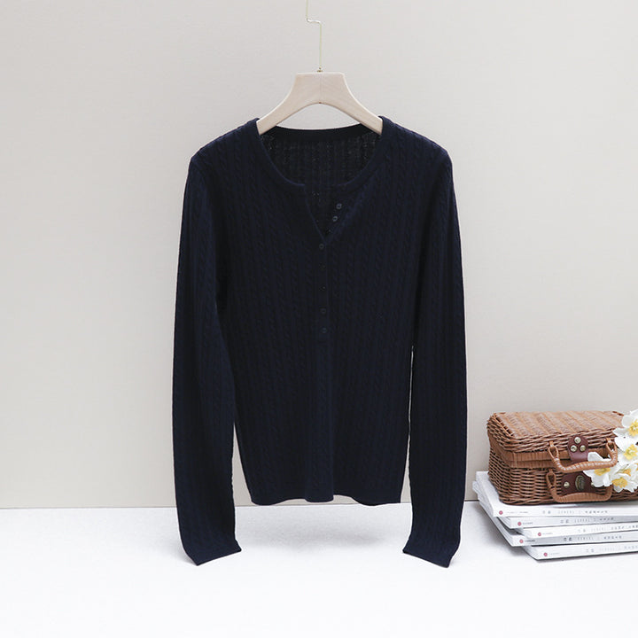 Women's Fine Cable Pattern Henley Fine Knit Shirt with Round Neck & Button Placket Mune Fashion