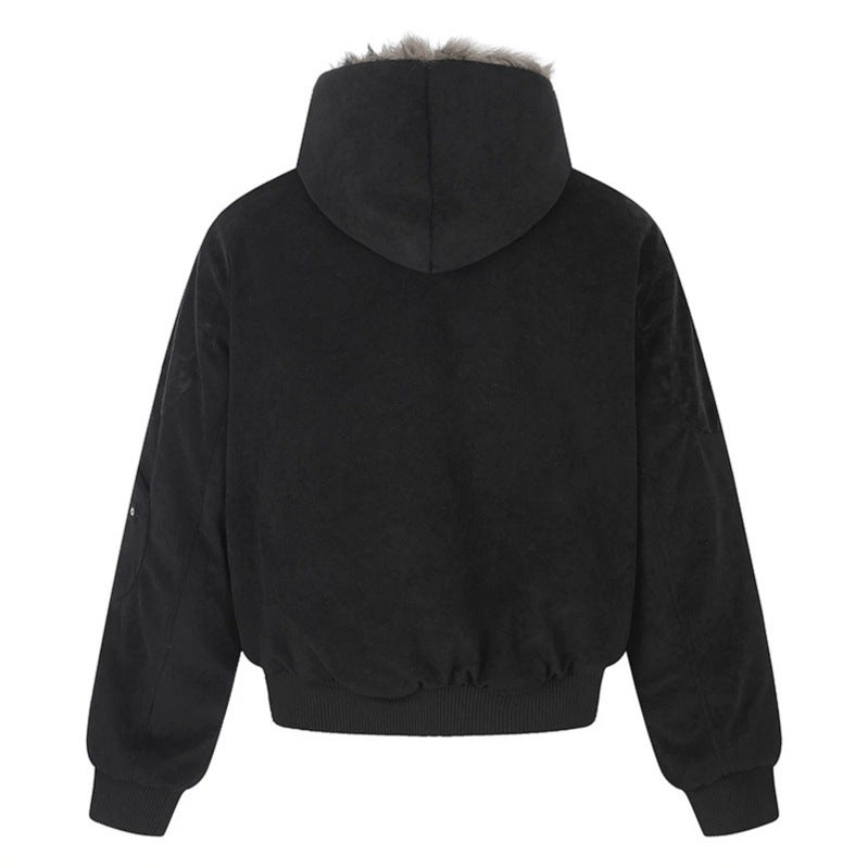 Ladies Oversize Velvet Bomber Jacket with Hood, Faux Fur Lining and Zipper Front Mune Fashion