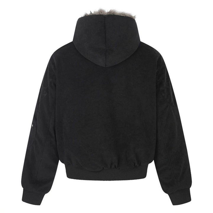 Ladies Oversize Velvet Bomber Jacket with Hood, Faux Fur Lining and Zipper Front Mune Fashion