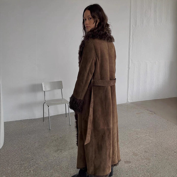 Women's Maxi-Length Faux Velvet Coat in Shearling Style with Shawl Collar and Button Placket Mune Fashion