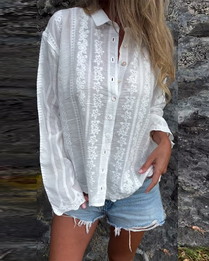 Women nan embroidered blouse with floral openwork embroidery, pearl button placket and casual oversized fit Mune Fashion
