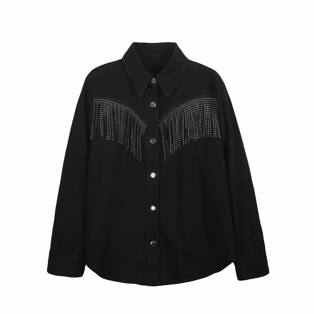 Ladies' nan western shirt with fringe application and rhinestone trim Mune Fashion