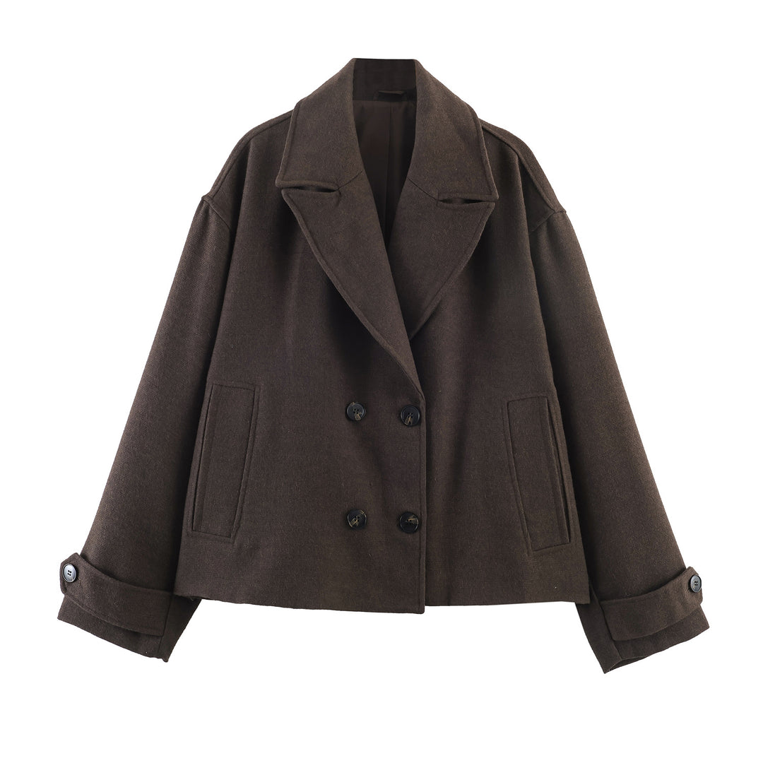 Women's Short Double-Breasted Boxy Coat Jacket with Wide Lapels Mune Fashion