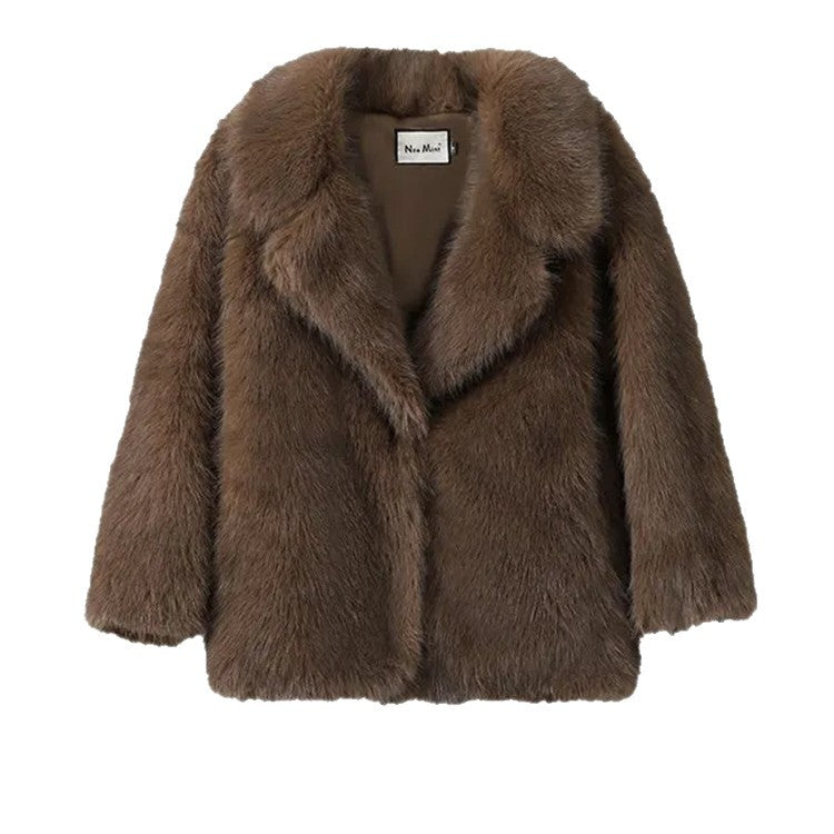 Women's Short Cut Faux Fur Coat with Boxy Silhouette and Stand Collar Mune Fashion