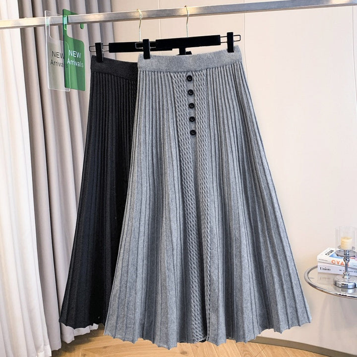 Women's Pleated Maxi Skirt with Button Details and Fine Wave Pattern Mune Fashion