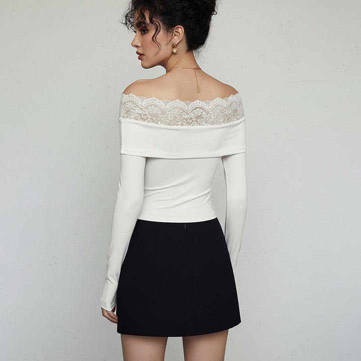Women's figure-hugging long sleeve bodysuit with off-the-shoulder neckline, lace trim, and knot front detail