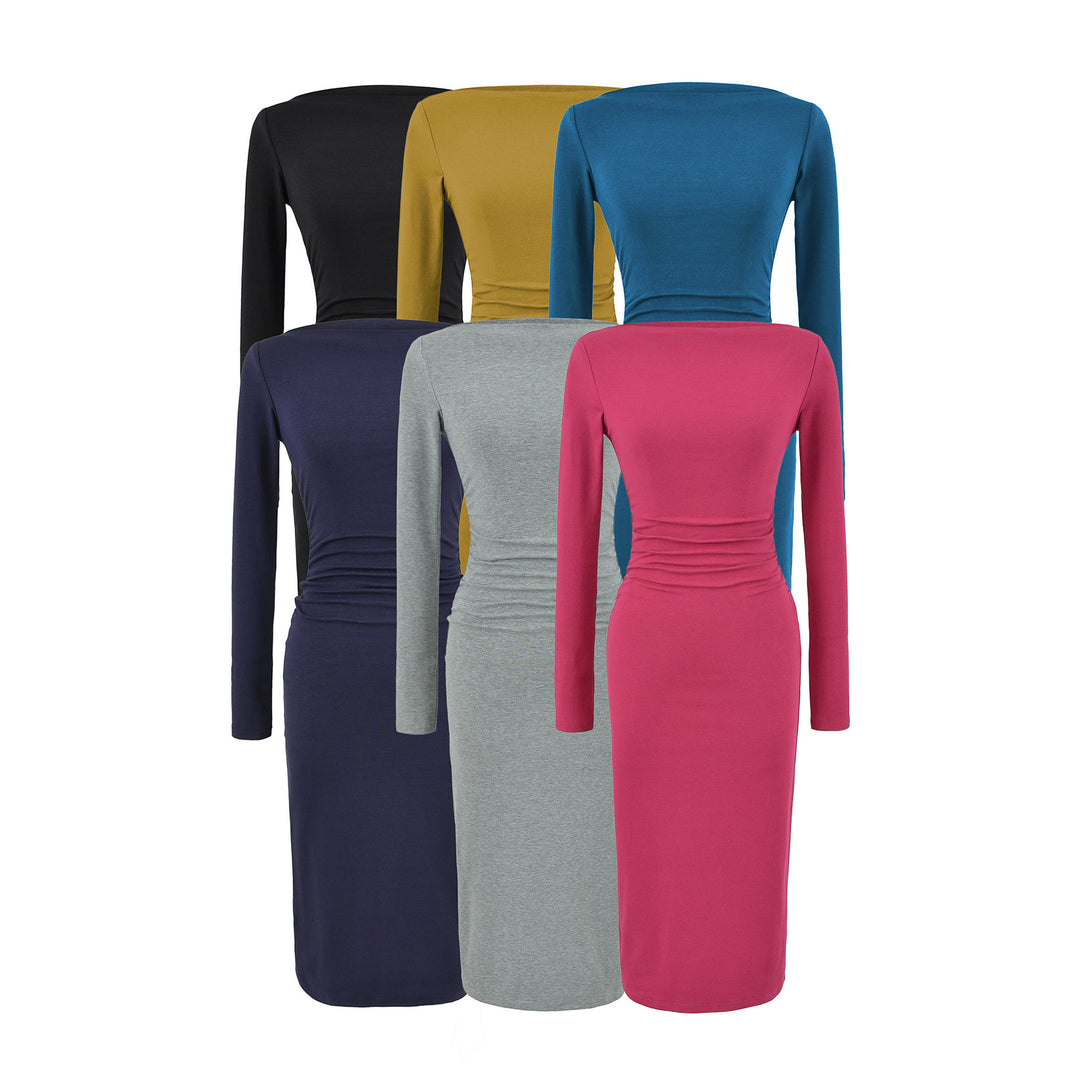 Women Figure-hugging Midi Dress with Gathering and Boat Neck Mune Fashion