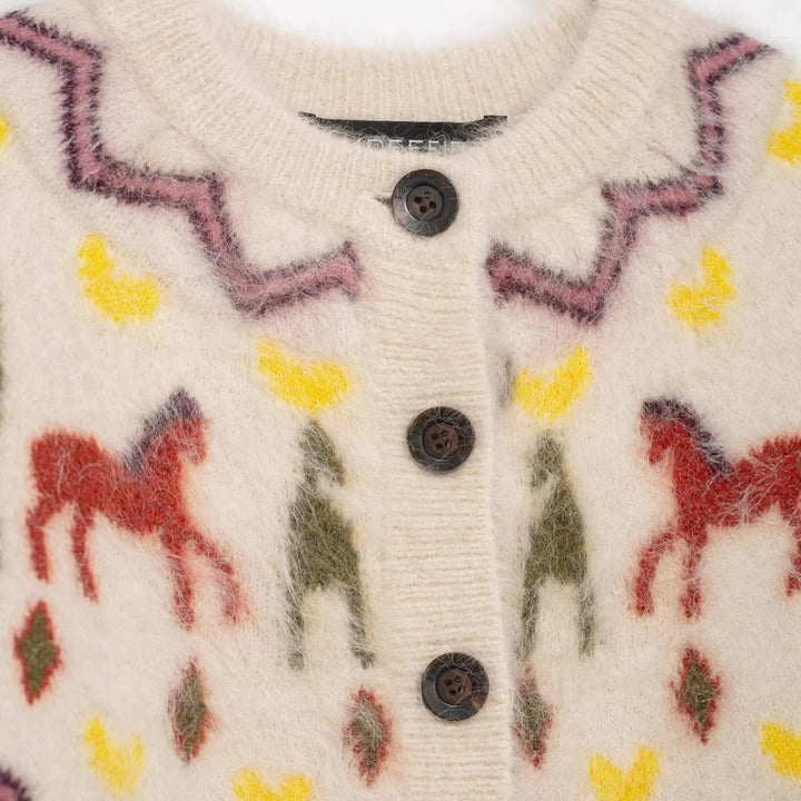 Women's knitted cardigan with Norwegian pattern and horse motif, cable pattern and button placket Mune Fashion