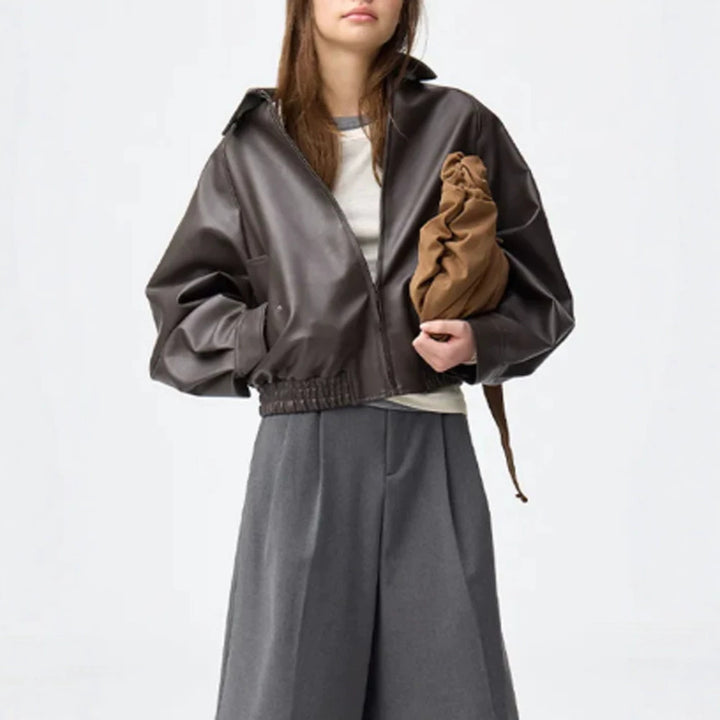 Women Boxy Cropped Faux Leather Jacket with Concealed Zipper and Elastic Hem Mune Fashion