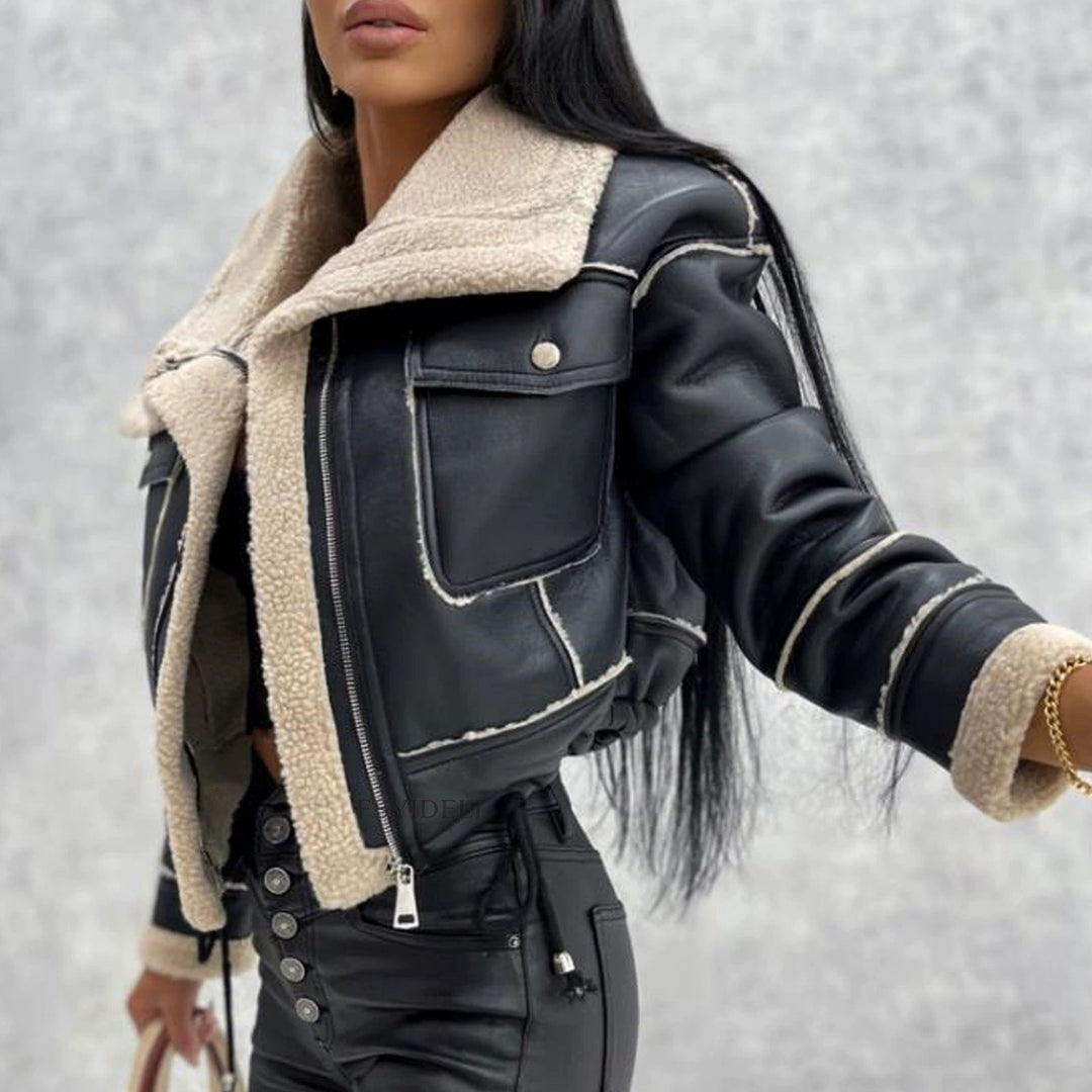 Women Cropped Biker Jacket Withshearling Mune