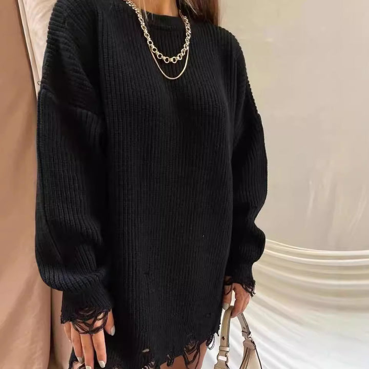 Women Oversized Knitted Dress with Destroyed Hem and Balloon Sleeves Mune Fashion