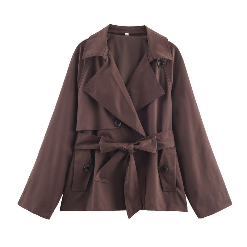 Ladies Cropped Trench Coat with Shawl Collar, Tie Belt and Flap Pockets Mune Fashion