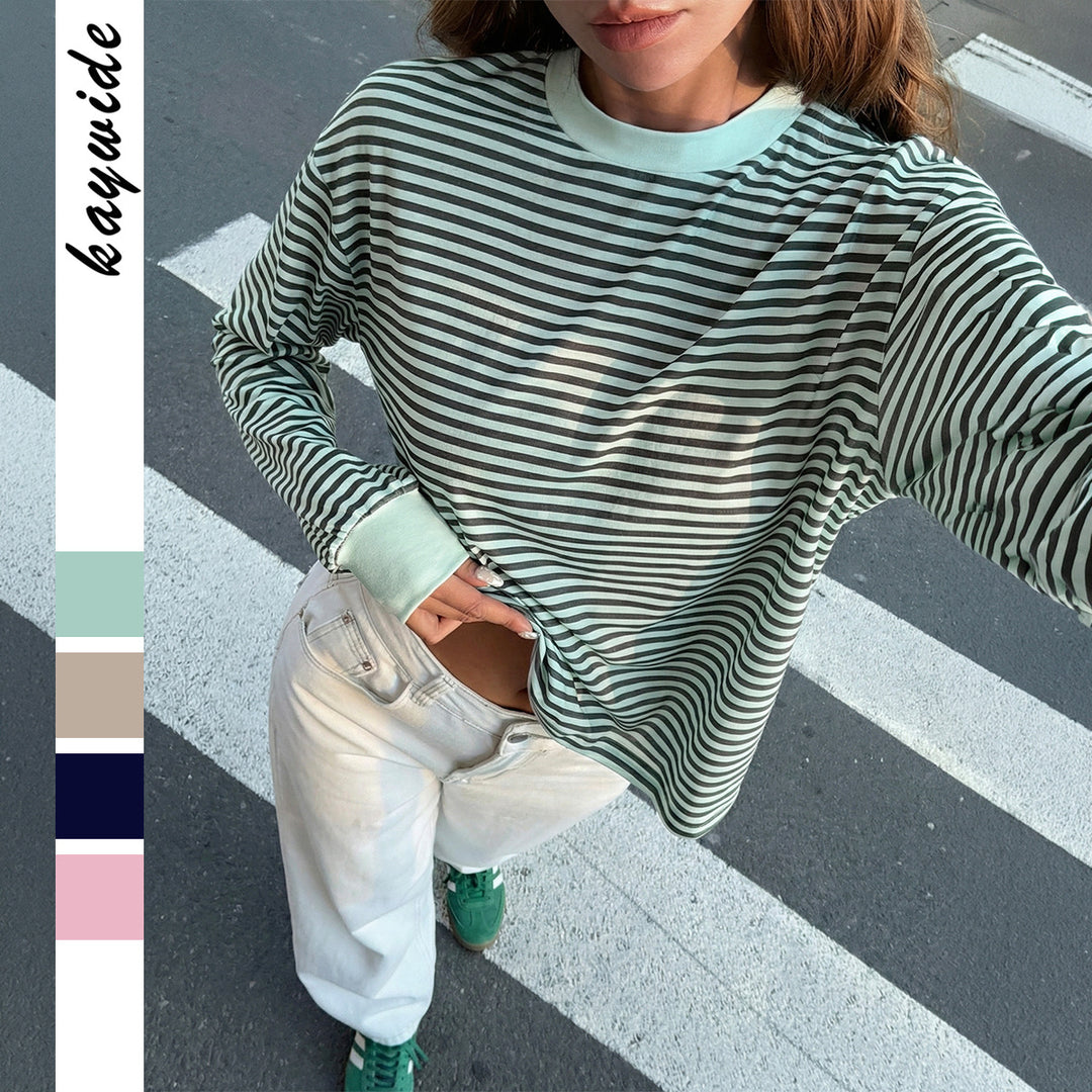 Women's casual striped oversized long sleeve with contrasting round neckline and extended back hem Mune Fashion