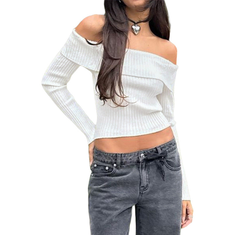 Women's Off-Shoulder Ribbed Cropped Top with Tailored Fit and Long Sleeves Mune Fashion