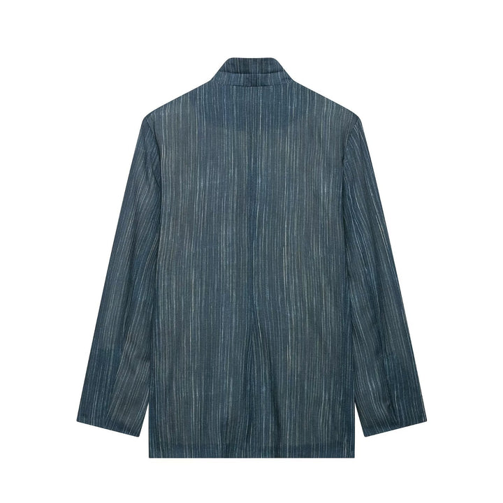 Women's Two-Piece Pinstripe Set with Stand Collar Blazer and High Waist Palazzo Pants Drune