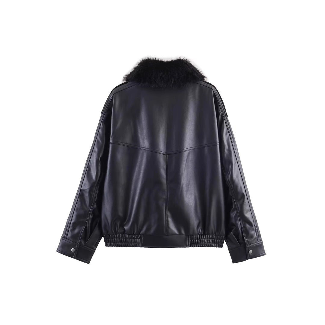 Women's Short Cut Faux Leather Bomber with Voluminous Faux Fur Collar Mune Fashion