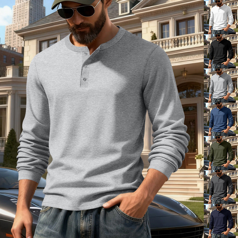 Men's fitted long sleeve Henley shirt with stand-up collar, fine cotton stretch and ribbed cuffs Mune Fashion