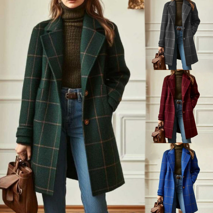Women's checked wool blend coat with lapel collar, patch pockets, and tailored silhouette Mune Fashion