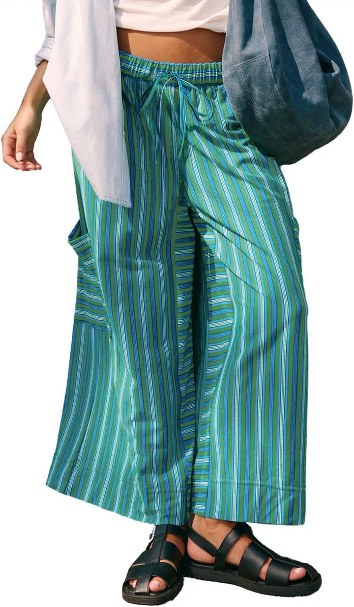 Women's Striped Wide-Leg Drawstring Waist Cropped Lounge Pants with Side Patch Pockets Mune Fashion