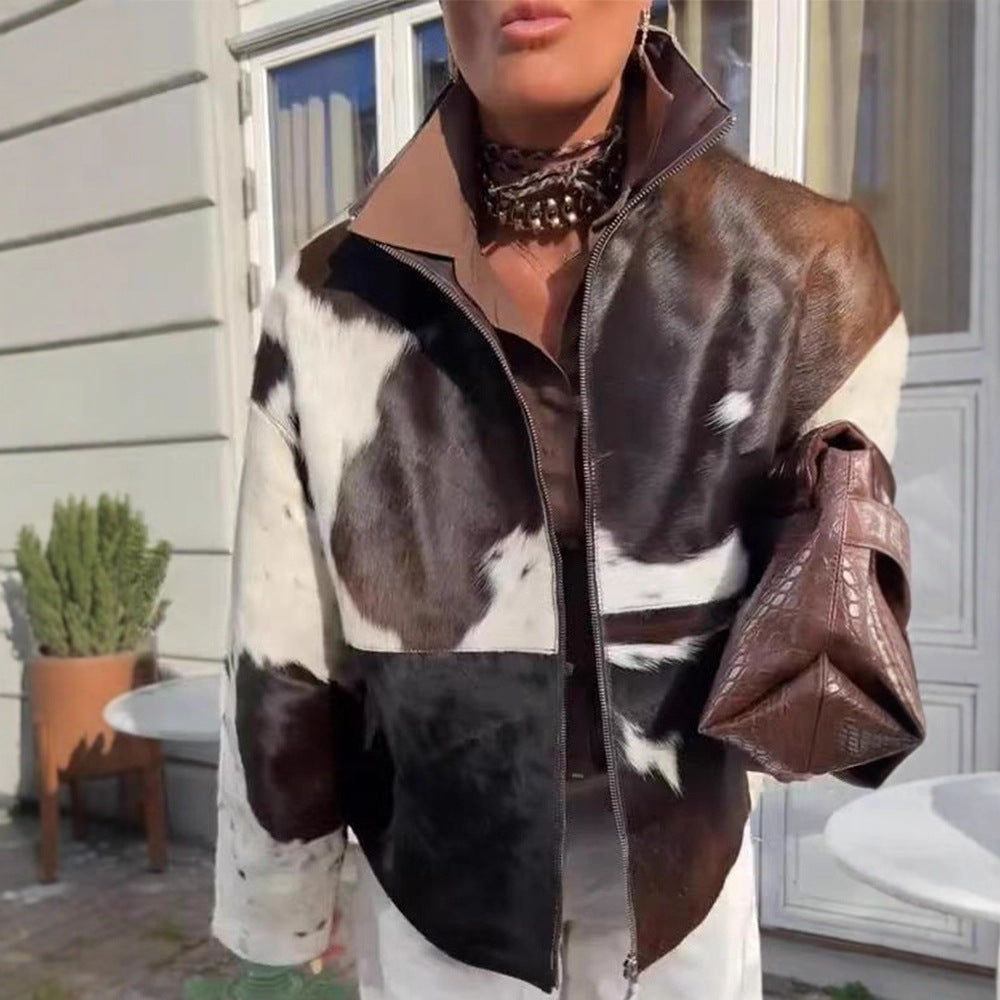 Women's short jacket made of shaggy faux fur with patchwork look and high stand-up collar Mune Fashion
