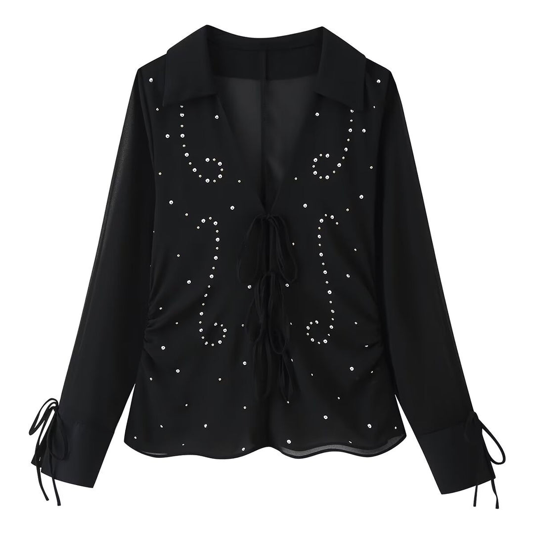 Women’s chiffon blouse with sequin trim, deep V-neckline and tie band Drune