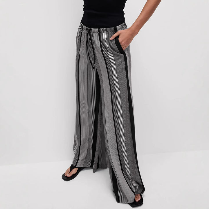 Women's Wide Palazzo Pants with Elastic Waistband, Drawstring and Vertical Stripe Pattern Mune Fashion