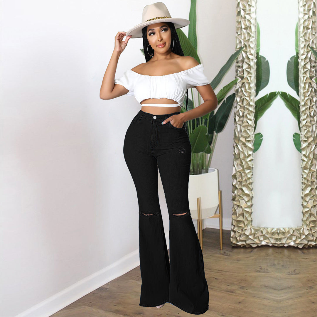 Women's high-waisted flared pants made of stretch denim with knee rips and shaping waistband Mune Fashion