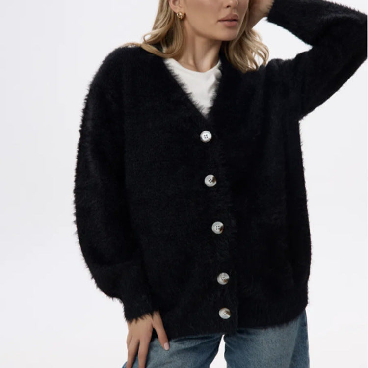 Women's fluffy mohair-look button cardigan with dropped shoulder and mother-of-pearl buttons Mune Fashion