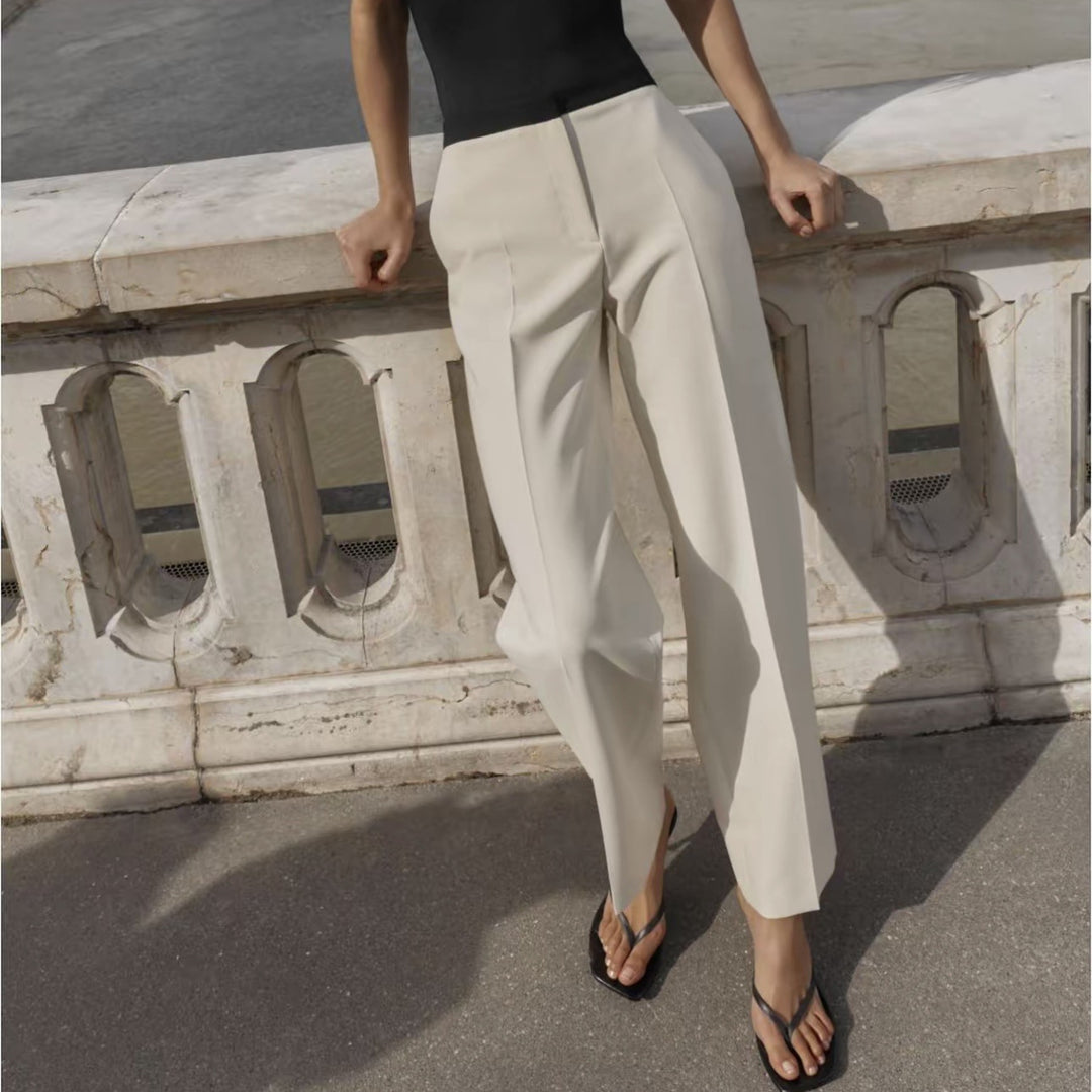 Women's Soft High-Waist Trousers with Elastic Contrast Waistband and Straight Leg Mune Fashion