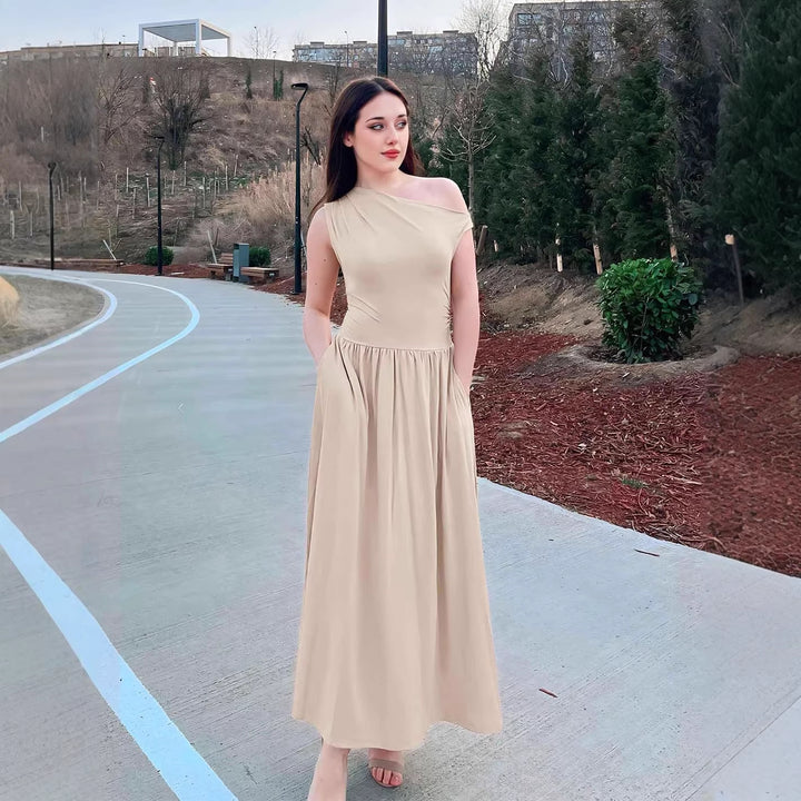 Women Asymmetrical Maxi Dress with One-Shoulder, Waist Emphasis and Side Pockets Mune Fashion