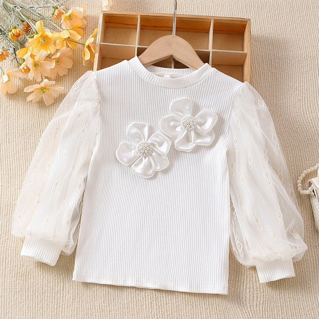 Girls fashionable blouse with transparent puff sleeves and floral accents Mune Fashion