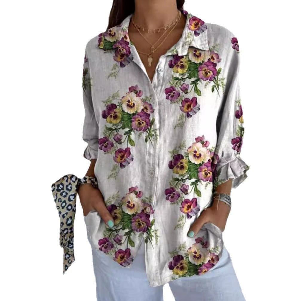Women's lightweight linen-look shirt blouse with floral pattern, loose fit, roll-up sleeves, and patch pockets Mune Fashion