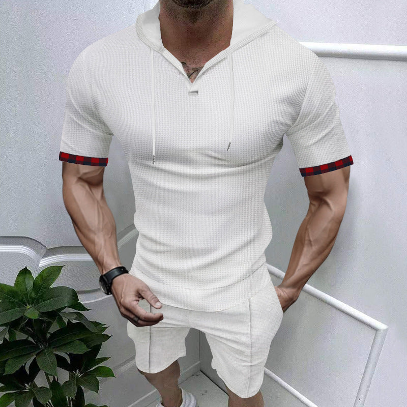 Men's summery hooded lounge set in lightweight waffle texture with short sleeve hoodie Henley opening and comfortable shorts Mune Fashion