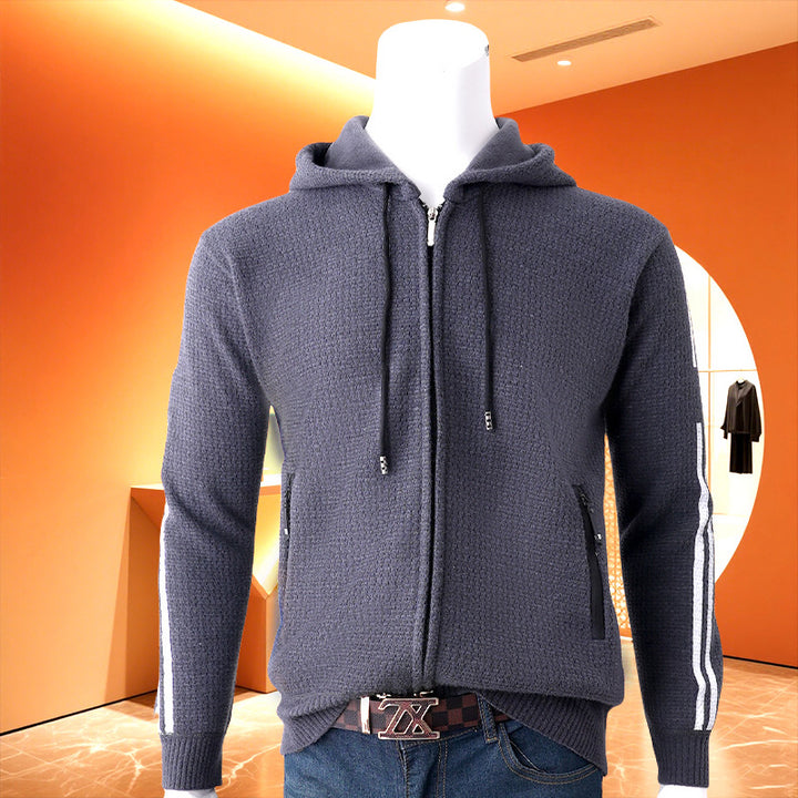 Men's hooded sweat jacket with zipper, textured knit, side pockets and contrast stripes Mune Fashion