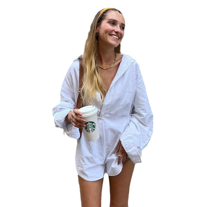 Ladies tailored shirt romper with long sleeves, concealed placket and figure-shaping waist Mune Fashion