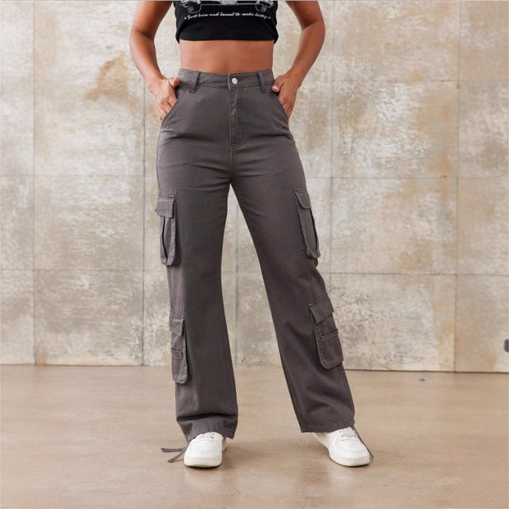 Women's Utility Cargo Pants with Wide Leg, Multiple Pockets and High Waist Fit Mune Fashion