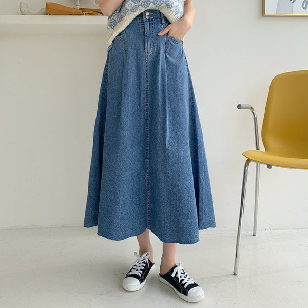 Women's Long Jeans Culotte Skirt with High Waist, Boxy A-Line Silhouette and Side Pockets Mune Fashion