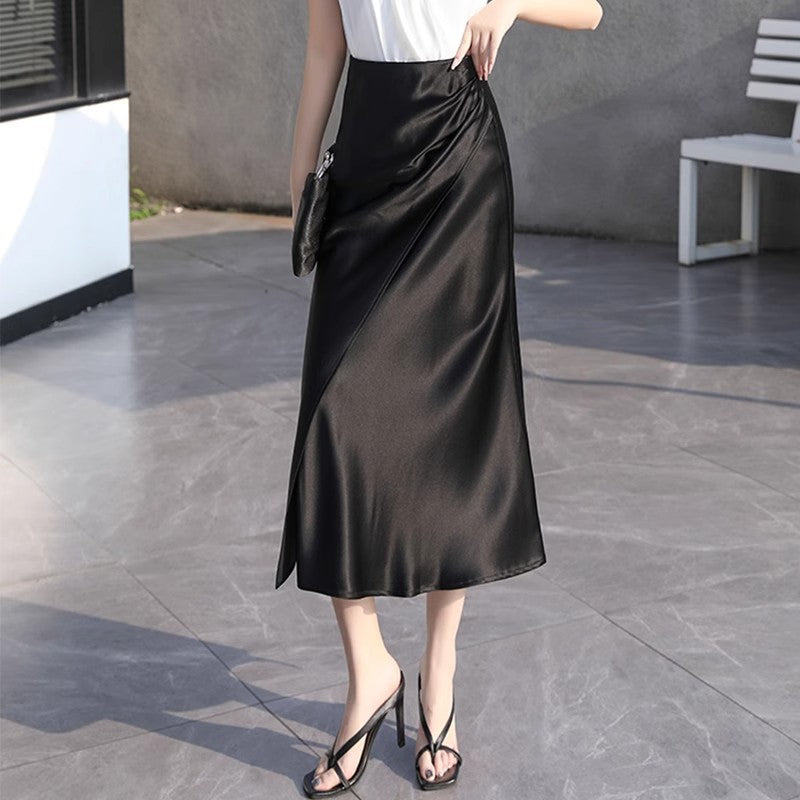 Women Elegant Satin Midi Skirt Mune Fashion