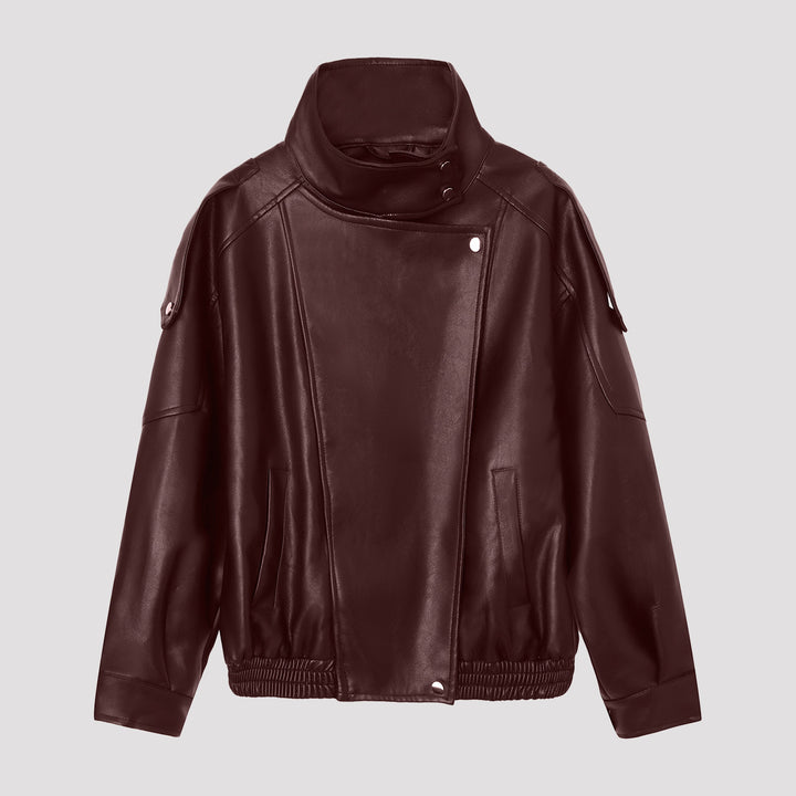 Women’s Fashion Leather Jacket with Stand-up Collar Mune Fashion