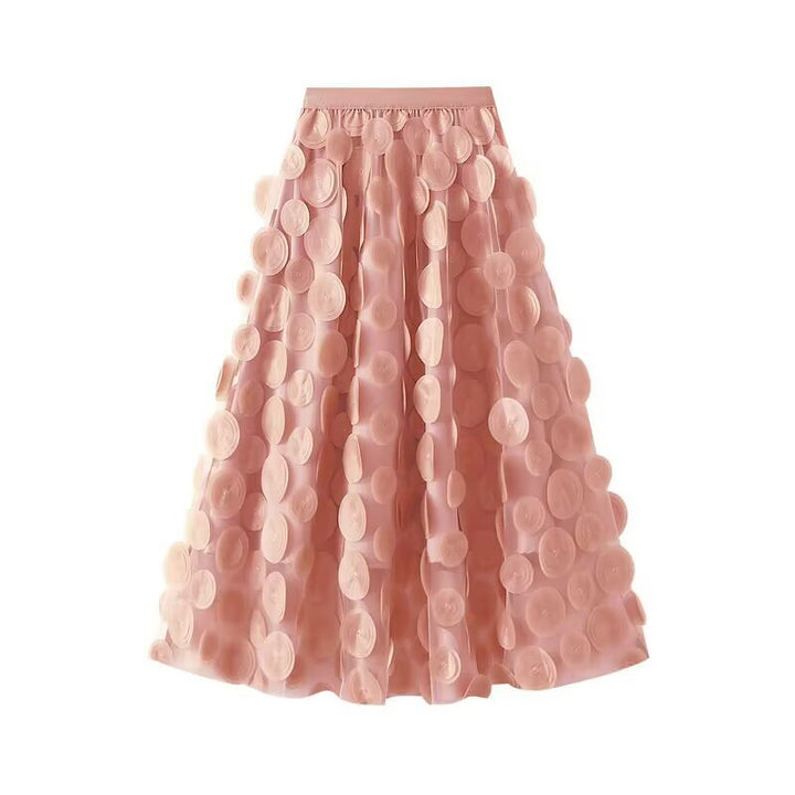 Women's flared midi skirt with transparent 3D appliqués and elastic waistband Mune Fashion
