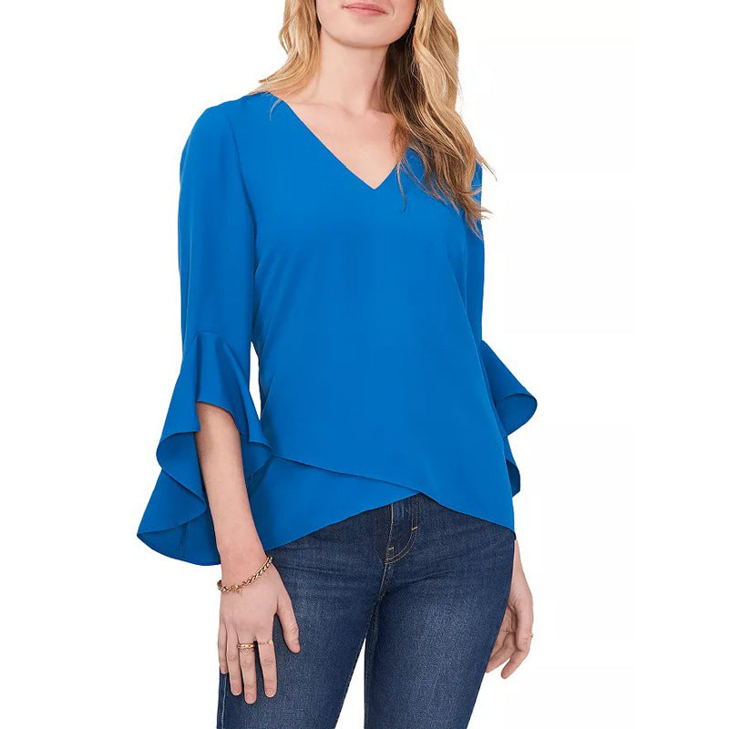 Women's chiffon blouse with V-neck, asymmetrical hem and ruffled sleeves Mune Fashion