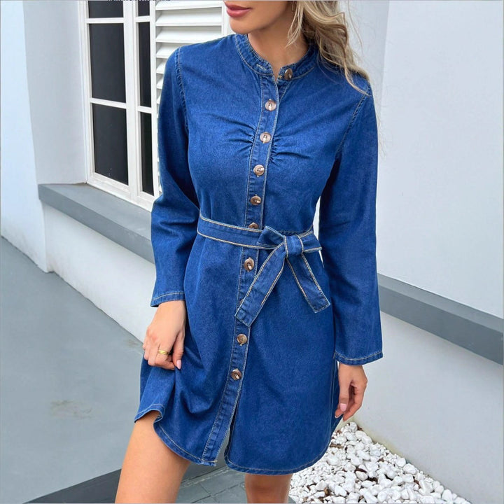 Women's Tailored Denim Dress with Button Placket and Tie Belt Mune Fashion