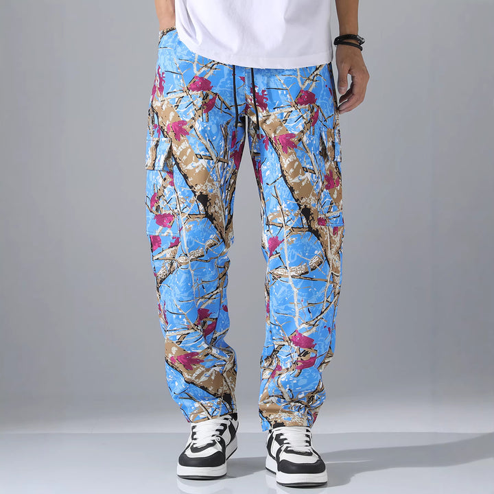 Men's Patterned Cargo Jogging Pants with Drawstring, Patch Pockets & Tapered Leg Mune Fashion