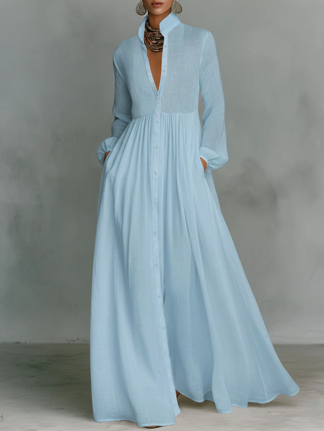 Ladies Maxidress with stand-up collar, continuous button placket, waist-high gathering and side pockets Mune Fashion