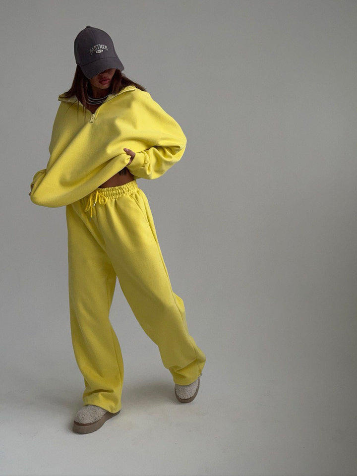 Women nan Oversize Half-zip Pullover with Stand-up Collar and Wide Lounge Pants Set Mune Fashion