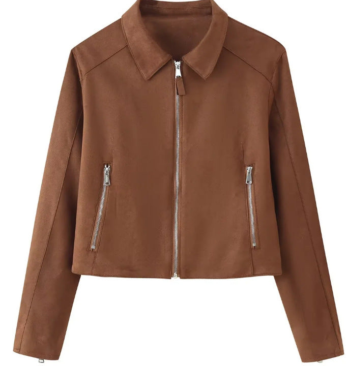 Women's Cropped Suede Jacket with Shirt Collar, Full Metal Zipper and Zipper Pockets Mune Fashion