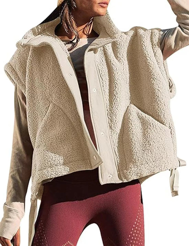 Women's Oversized Teddy Fleece Vest with Hood and Snap Buttons Mune Fashion